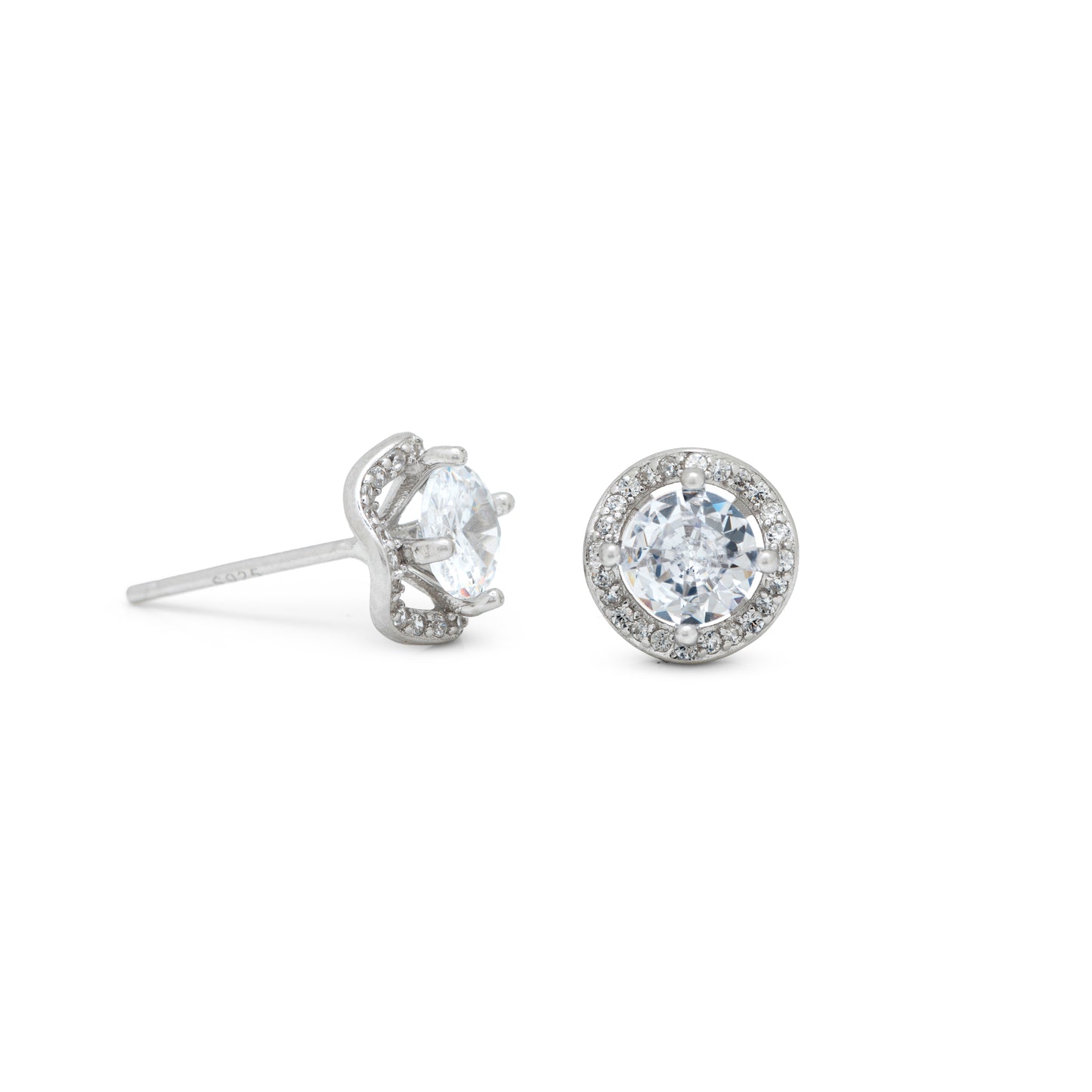 Solitaire Halo Silver Earrings